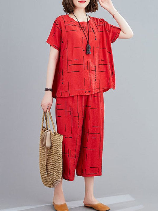 Women's Abstract Print Top & Wide-Leg Capri Pants Set