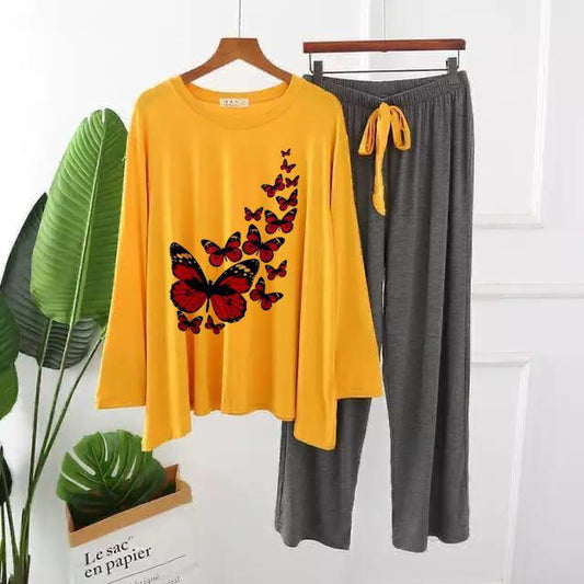 Elegant Butterfly Cascade Graphic Pajama Set