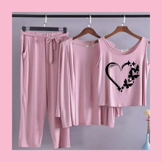 Women's 3-Piece Dusty Pink Pajama Set - Butterfly Heart Graphic