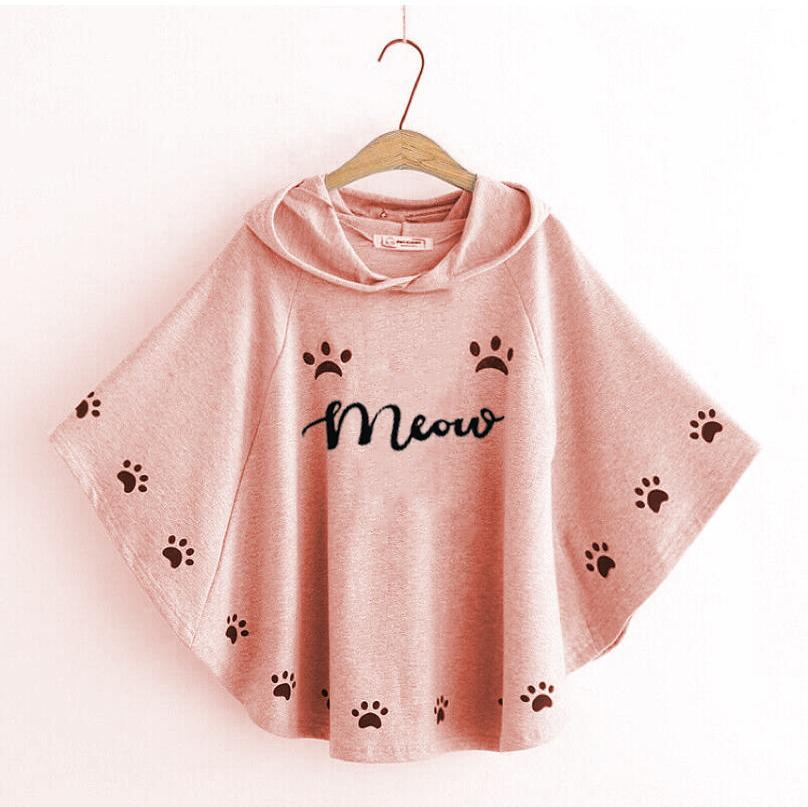 Cute "Meow" & Paw Print Hooded Poncho for Women - Casual Cape Top