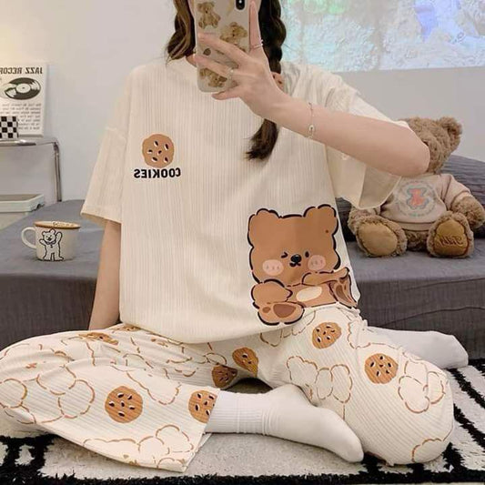 Women's Cute Bear & Cookies Textured Pajama Set - Cream