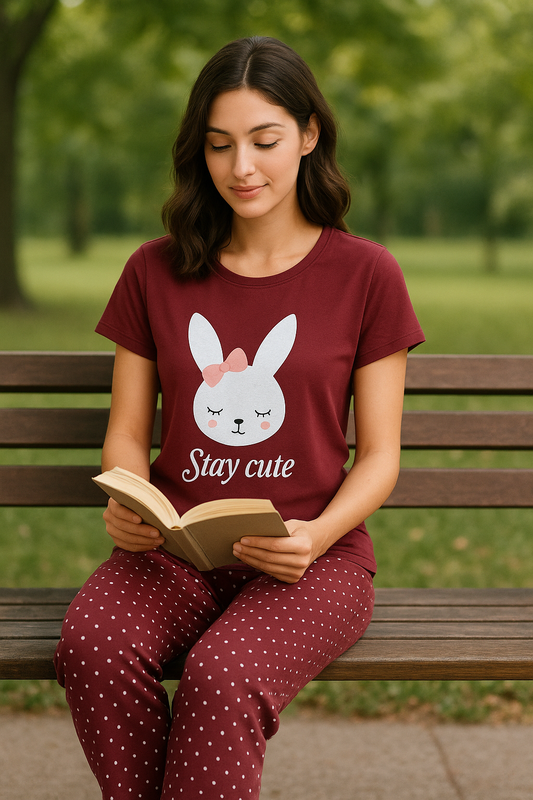 Women's "Slay Cute" Bunny Graphic & Polka Dot Pajama Set