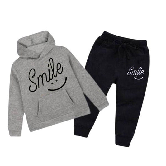 Kids "Smile" Graphic Pajama Set - Unisex Fleece Hoodie & Pants (Dark Grey)