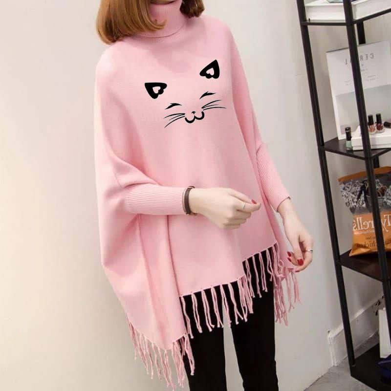 Cat Face Printed Poncho For Women