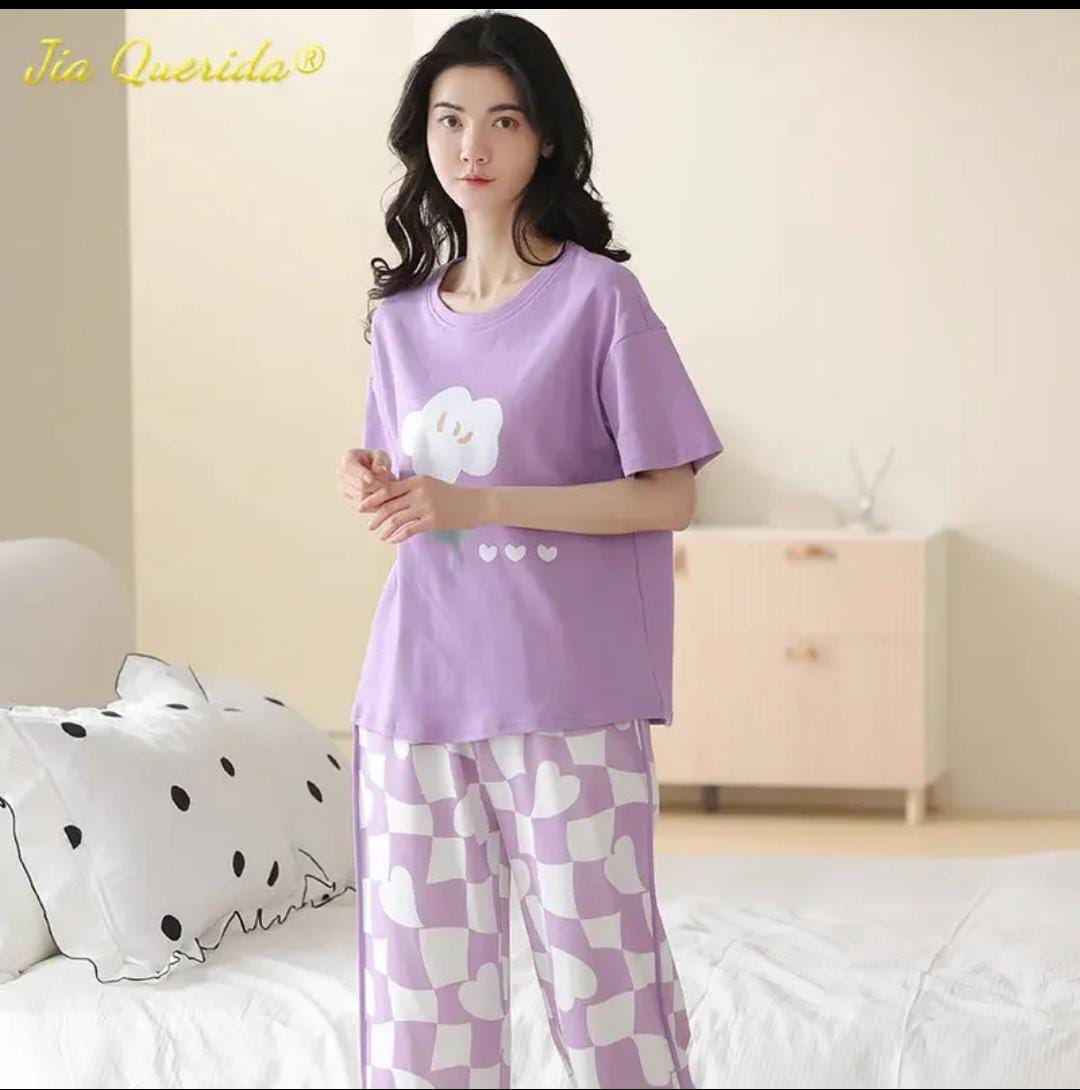 Women's Lavender Cloud & Heart Checkerboard Pajama Set