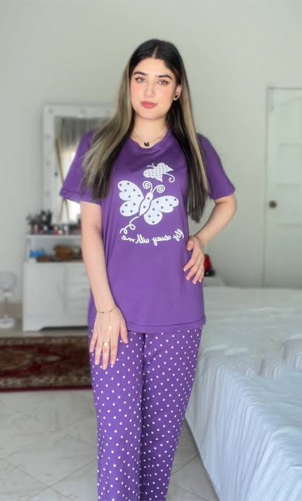 Women's Butterfly Graphic & Polka Dot Pajama Set in Purple