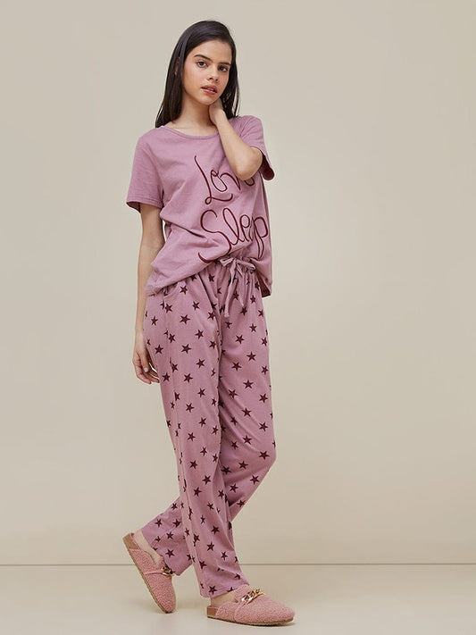 Women's "Love Sleep" Star Print Pajama Set in Dusty Rose