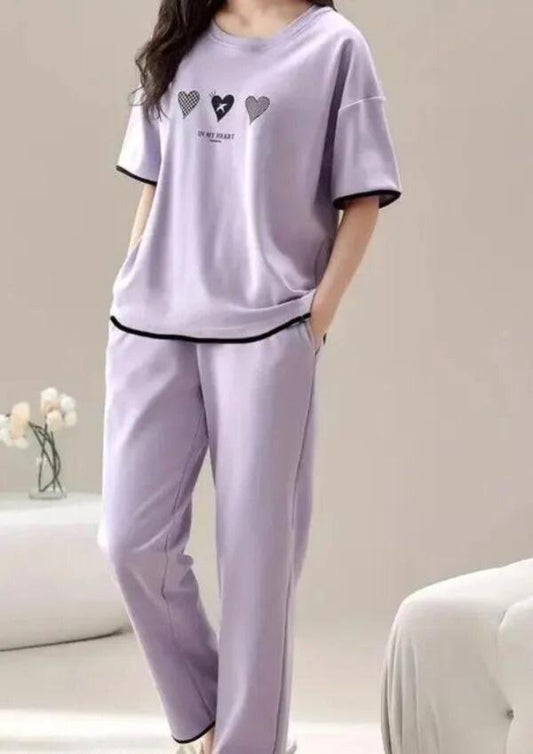 Women's Lavender Heart Graphic Pajama Set with Contrast Trim