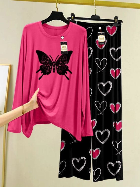 Elegant Butterfly Graphic Night Suit with Heart Pajamas
