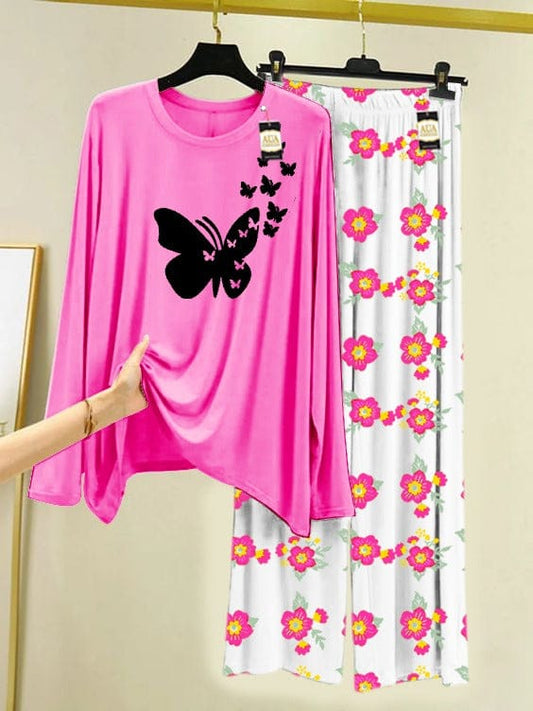 Butterfly Cluster & Floral Print Two-Piece Loungewear