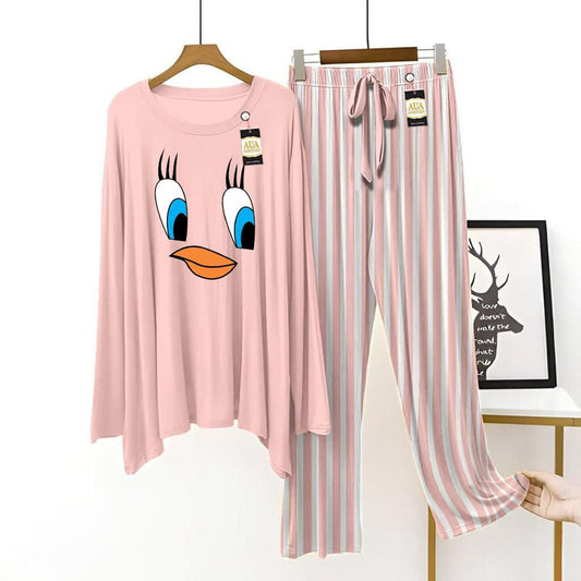 Cartoon Bird Face Graphic Pajama Set with Striped Bottoms