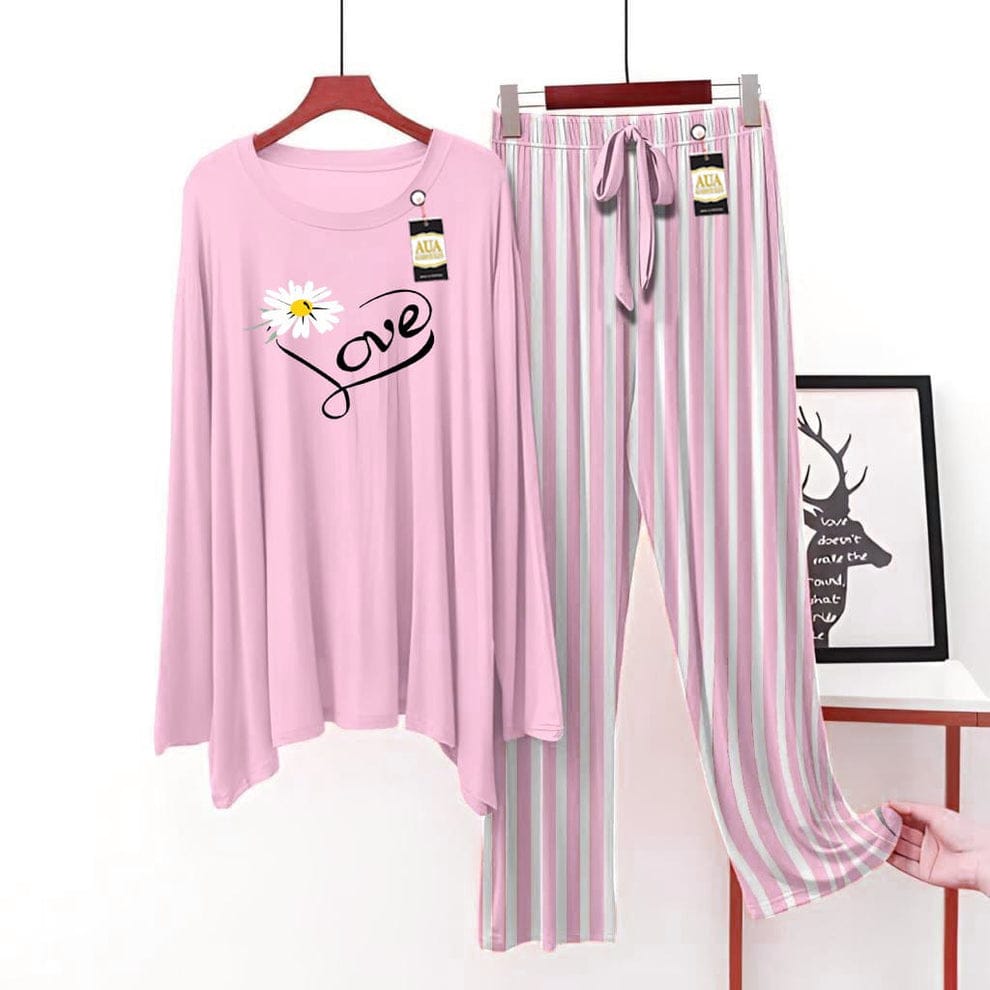Daisy Heart "Love" Script Night Suit with Pink Stripes