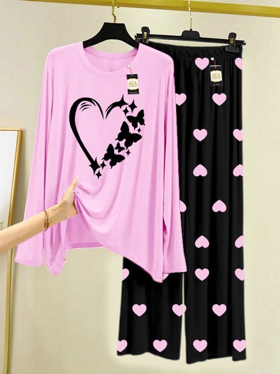 Cute Heart & Butterflies Pink Loungewear with Black Heart Trousers