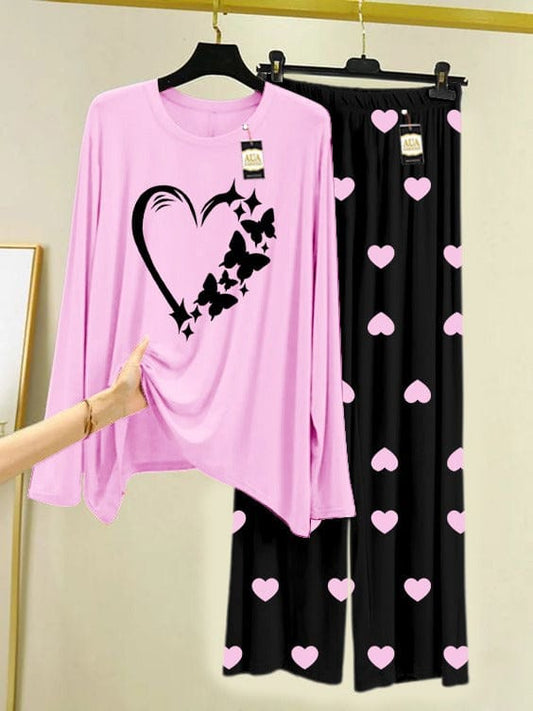 Cute Heart & Butterflies Pink Loungewear with Black Heart Trousers