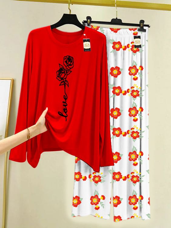 Love" Rose Graphic Red Night Suit with Floral Print Pajamas