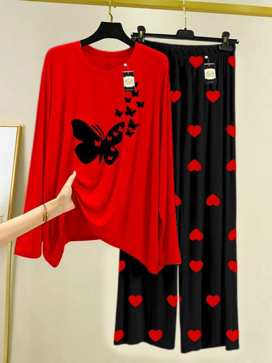 Crimson Butterfly & Hearts Night Suit"