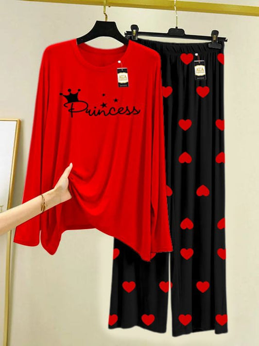 Bold Red "Princess" Graphic Top with Red Heart Print Pajamas