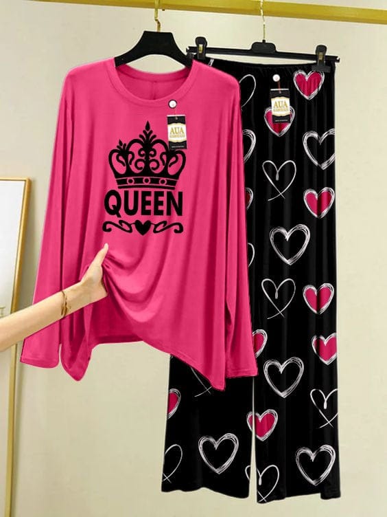 Queen" Crown Graphic Night Suit with Heart Print Pajamas