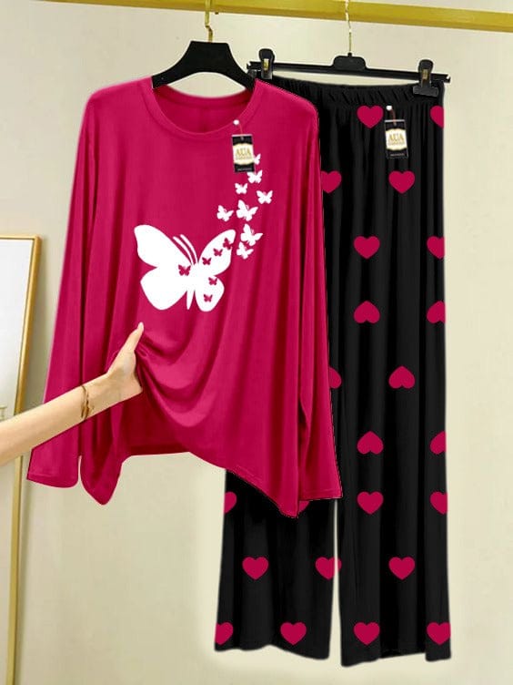 Elegant Butterfly Graphic Magenta Top with Heart Print Trousers Night Suit