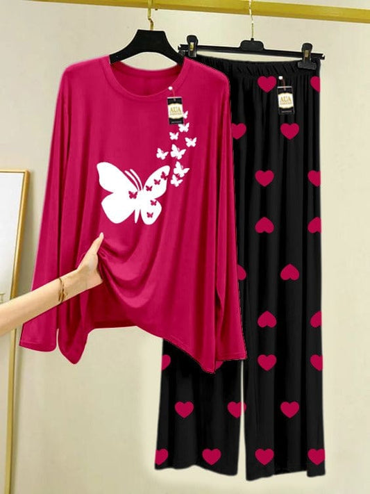 Elegant Butterfly Graphic Magenta Top with Heart Print Trousers Night Suit