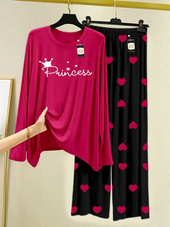 Princess" Crown Print Magenta & Black Heart Pajama Set for Women