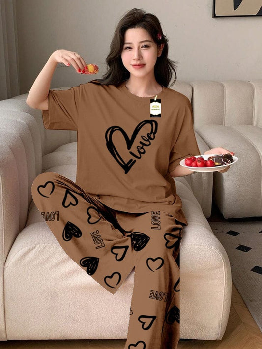 Cozy "Love" Heart Graphic Brown T-Shirt & Pajama Set