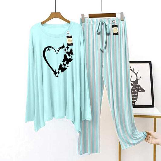 Stylish Heart Graphic Sky Blue Top with Striped Pajamas Loungewear Set