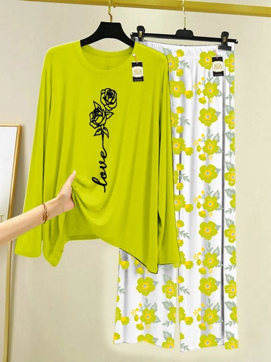 Love" Rose Graphic Lime Green & Floral Pajama Set for Women