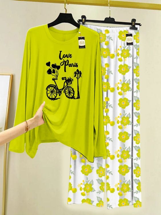 Love Paris" Bicycle Print Lime Green & Floral Pajama Set