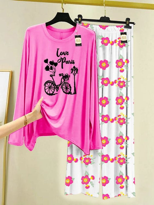 Love Paris" Bicycle Print Night Suit with Floral Trousers