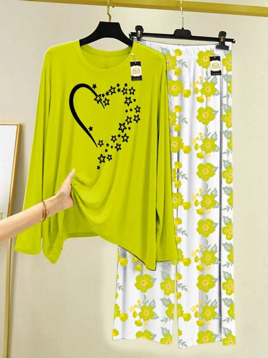 Starry Heart Graphic Lime Green Night Suit with Floral Pajamas