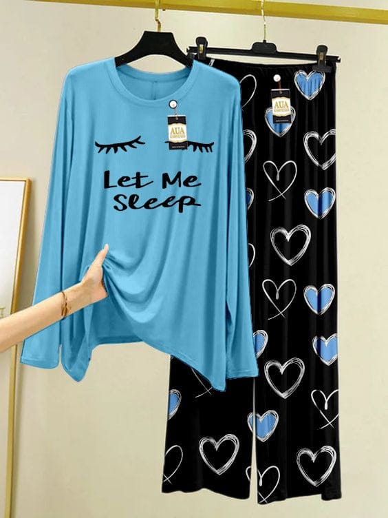 Let Me Sleep" Sky Blue & Heart Print Loungewear Set