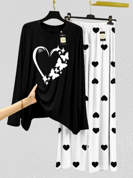 Butterfly Heart Graphic Black Top with White Heart Print Pajamas