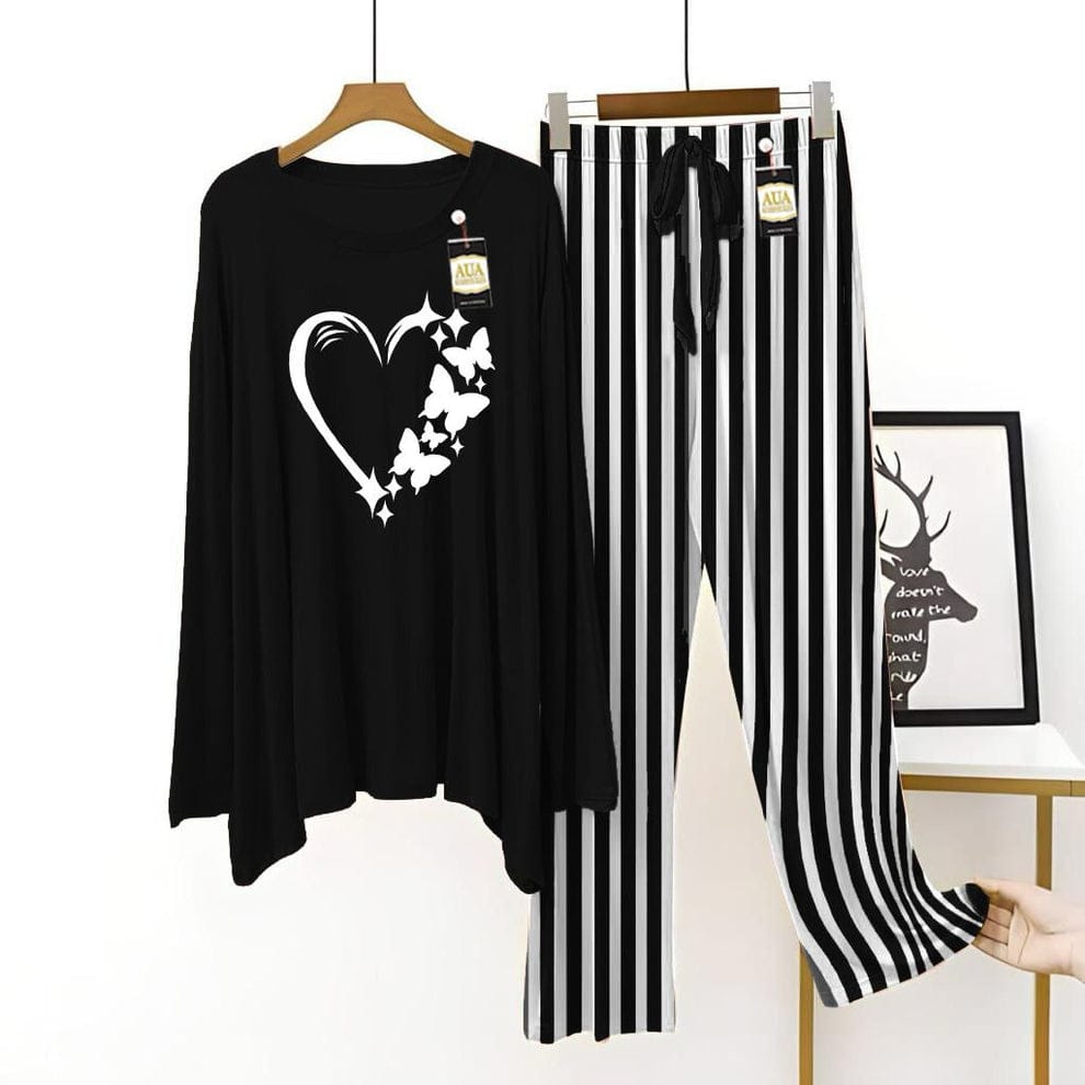 Stylish Butterfly Heart Black Top with Striped Pajama Set