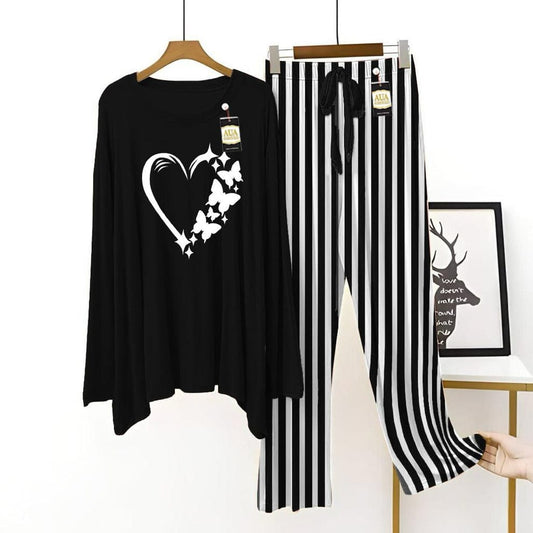 Stylish Butterfly Heart Black Top with Striped Pajama Set