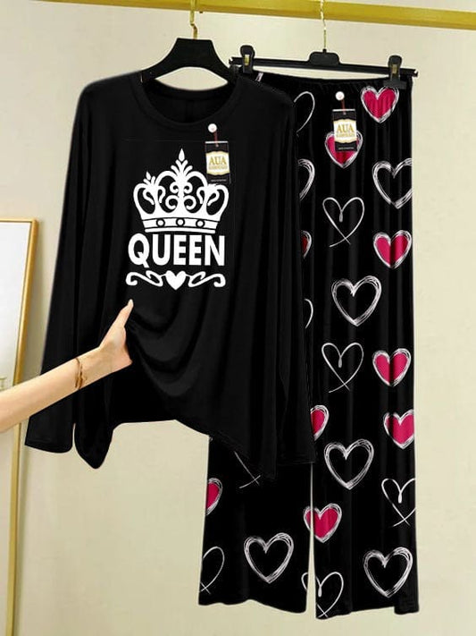 Royal "Queen" Crown Graphic Black Pajama Set with Heart Print