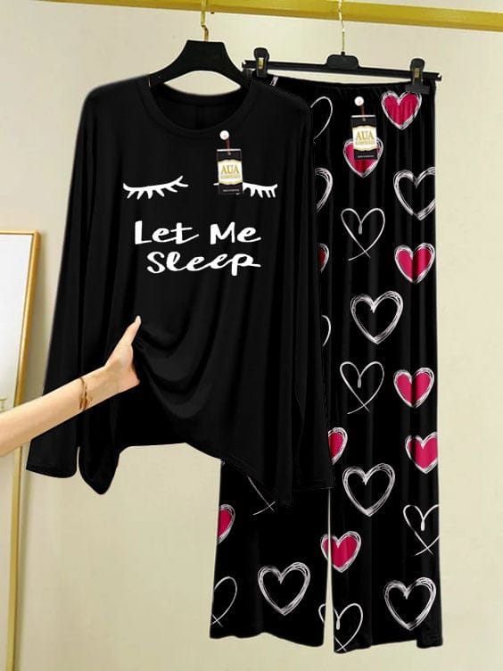 Cozy "Let Me Sleep" Black Night Suit with Pink Heart Trousers