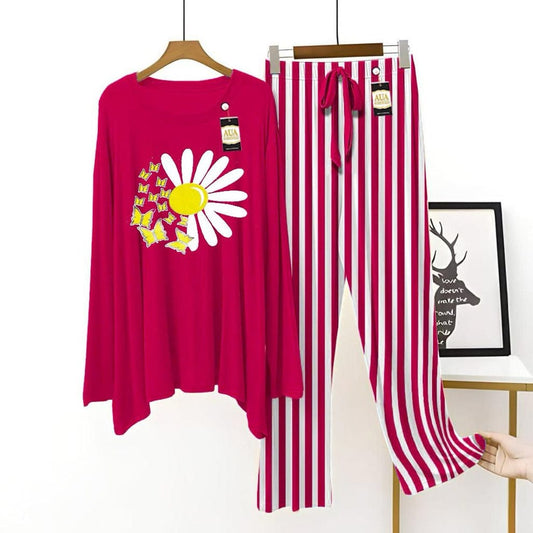 Daisy & Butterflies Print Night Suit with Striped Trousers