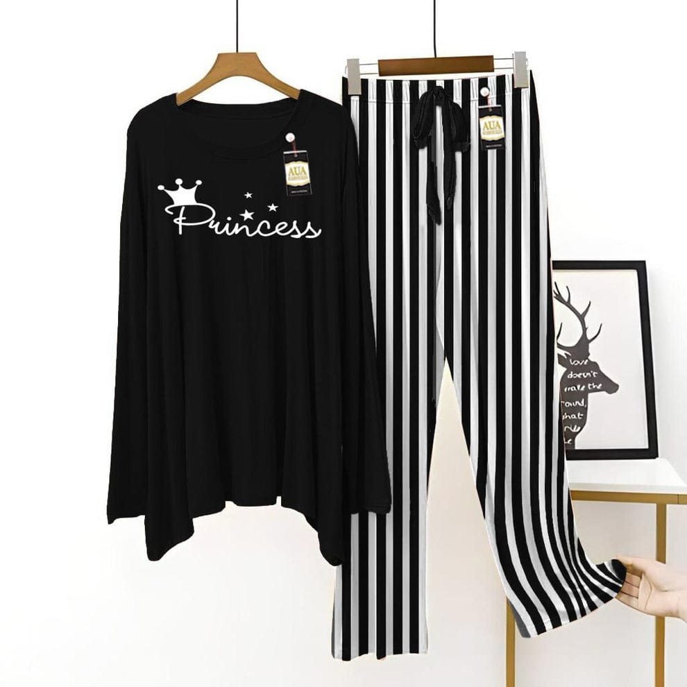 Chic "Princess" Black Top with Black & White Striped Trousers