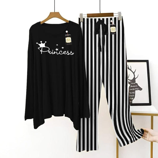 Chic "Princess" Black Top with Black & White Striped Trousers