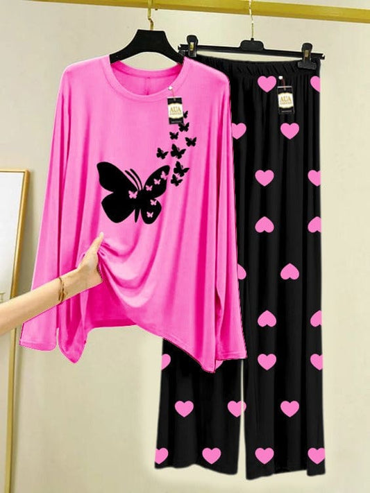 Flying Butterflies Graphic Pajama Set with Heart Print Pants