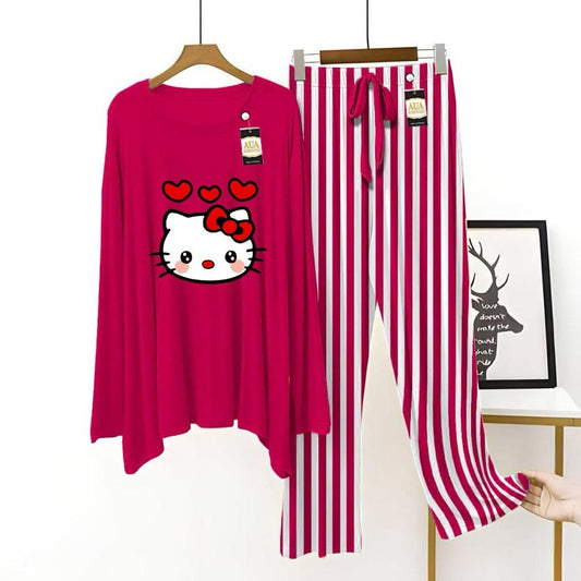 Cute Kitty Graphic Night Suit with Striped Pajamas