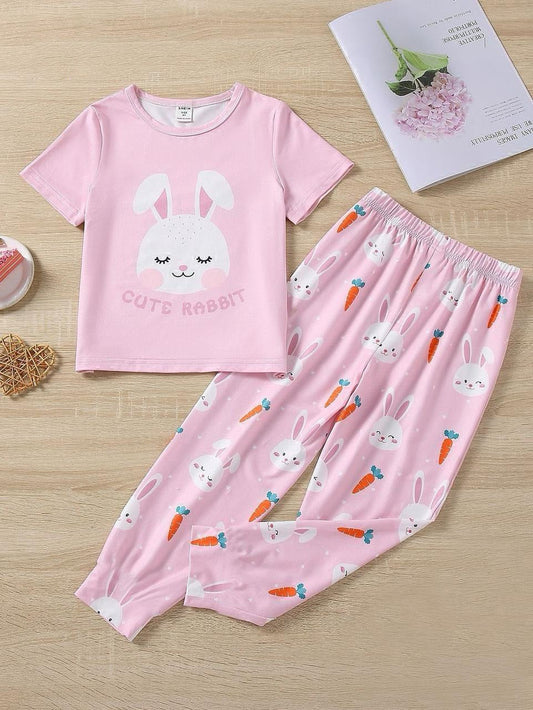 Girls' Adorable "Cute Rabbit" & Carrot Print Pink Pajama Set