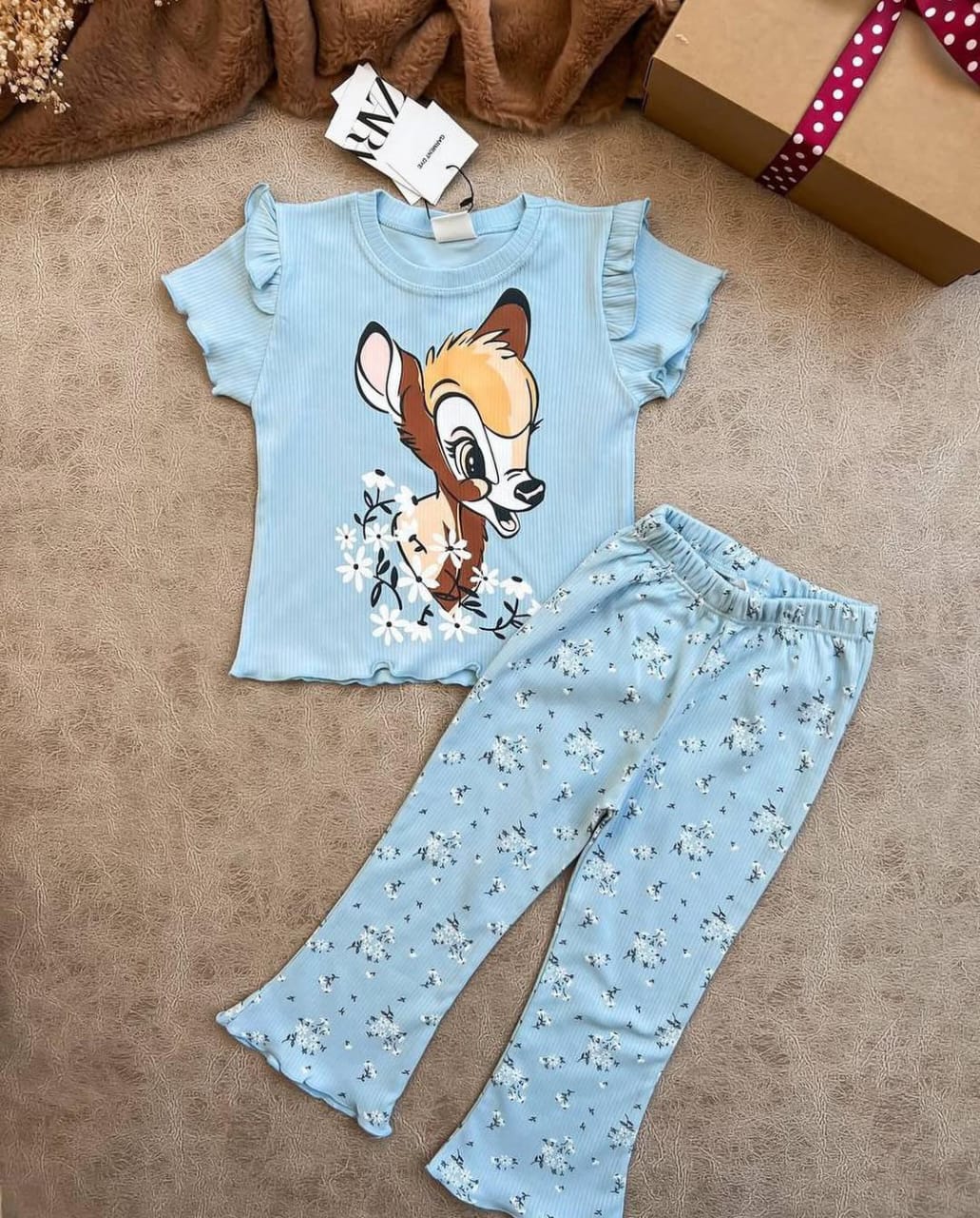 Girls' Ribbed Bambi Pajama Set with Ruffle Sleeves & Flared Pants