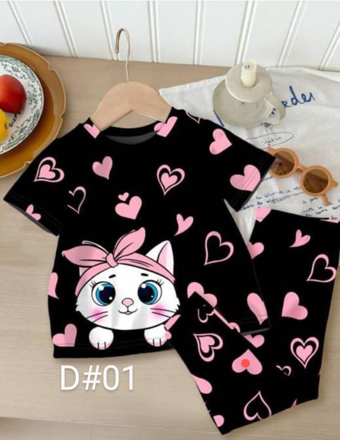 Girls' Cute Cat & Pink Hearts Pajama Set - Black
