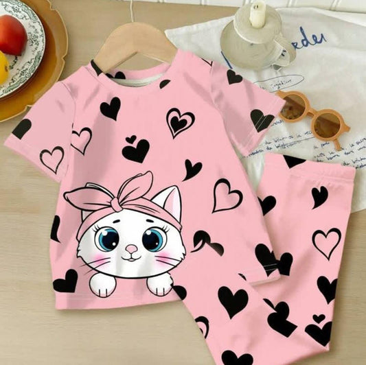Toddler Girls' Adorable Cat & Hearts Pajama Set - Pink