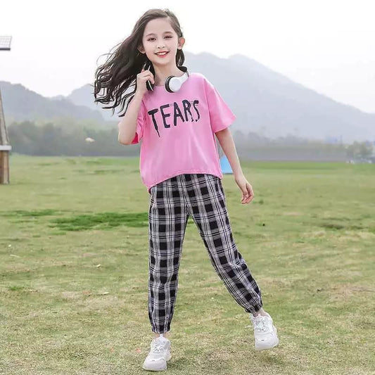 Girls' Modern Graphic Tee & Plaid Jogger Pajama Loungewear Set