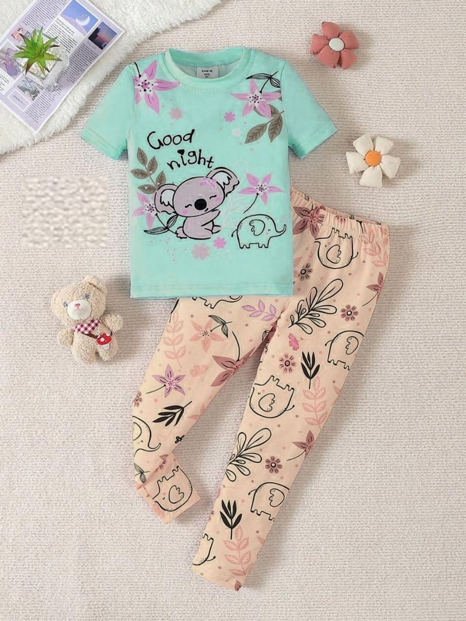 Girls' Sweet "Good Night" Koala & Elephant Pajama Set - Mint