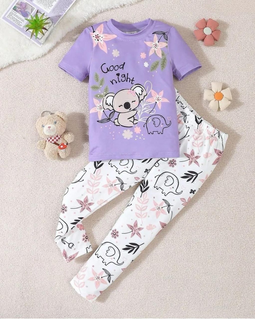 Girls' Charming Koala & Elephant "Good Night" Pajama Set - Purple
