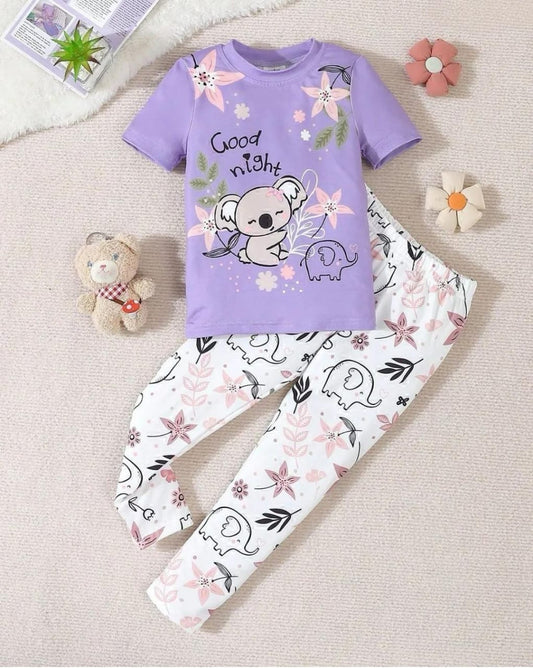Girls' Charming Koala & Elephant "Good Night" Pajama Set - Purple
